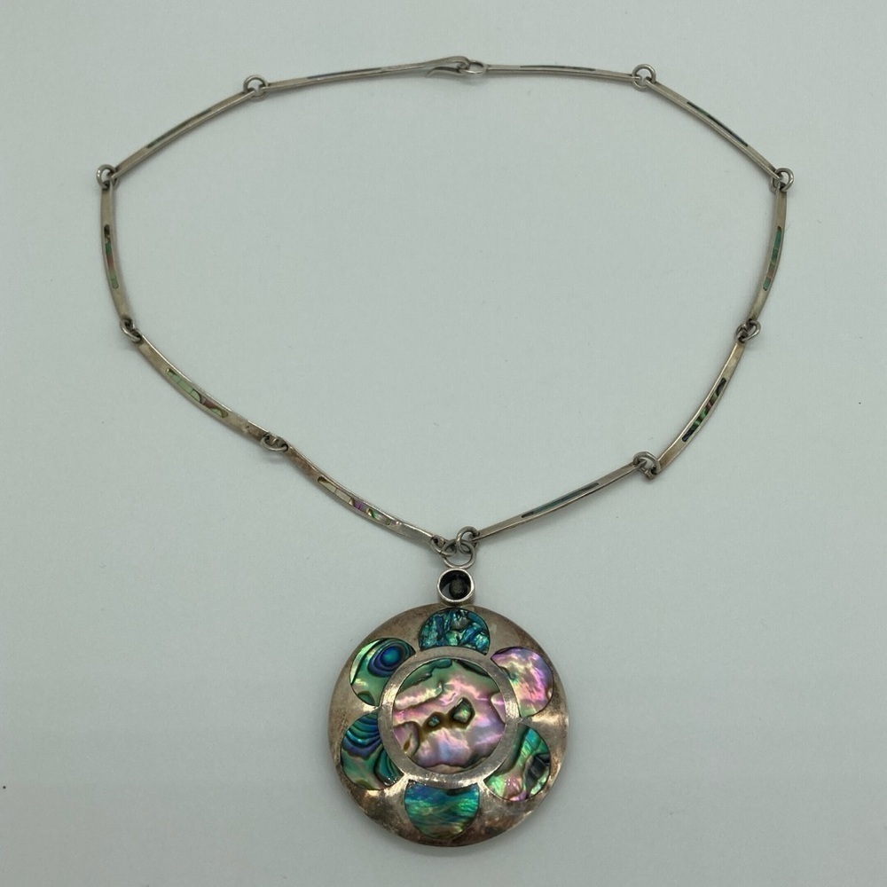 Vintage Abalone Shell and Sterling Silver 2 sided Pendant Necklace - Picture 3 of 11